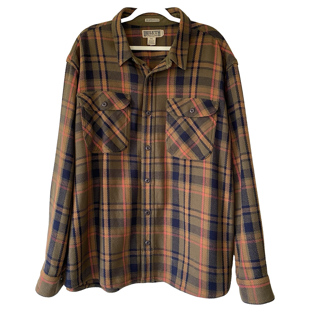 DULUTH Trading Co Plaid Shirt Mens Heavyweight Orange Green Shacket 2XL